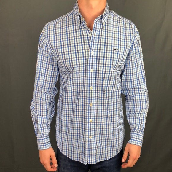 Vineyard Vines Blue Plaid Whale Shirt Slim Fit Size - Medium - Picture 1 of 3